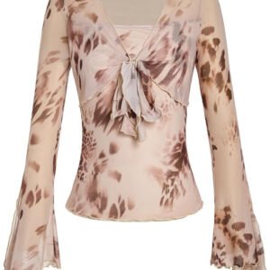 Wardrobea Women's Sheer Mesh Floral Print Tie Front Flared Sleeve Top