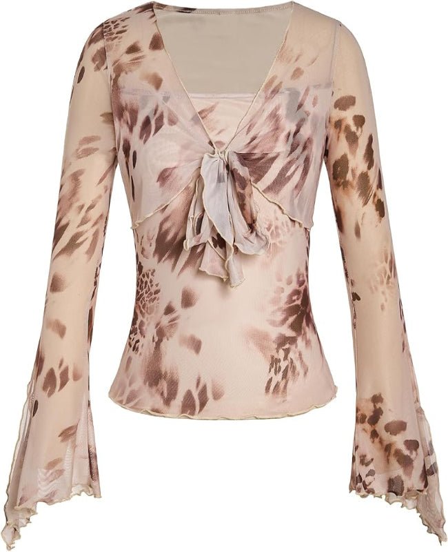 Wardrobea Women's Sheer Mesh Floral Print Tie Front Flared Sleeve Top