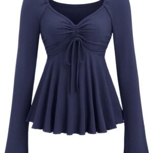 Wardrobea Women's Navy Blue Ribbed Long Sleeve Ruched Front Peplum Top