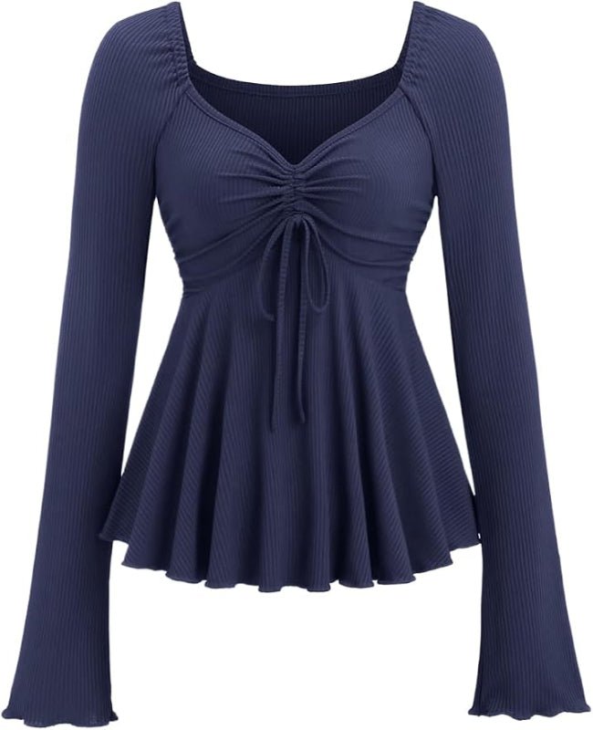 Wardrobea Women's Navy Blue Ribbed Long Sleeve Ruched Front Peplum Top
