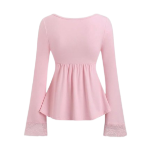 Wardrobea Women's Pink Long Sleeve Lace Trim Ruched Front Peplum Top - Image 2