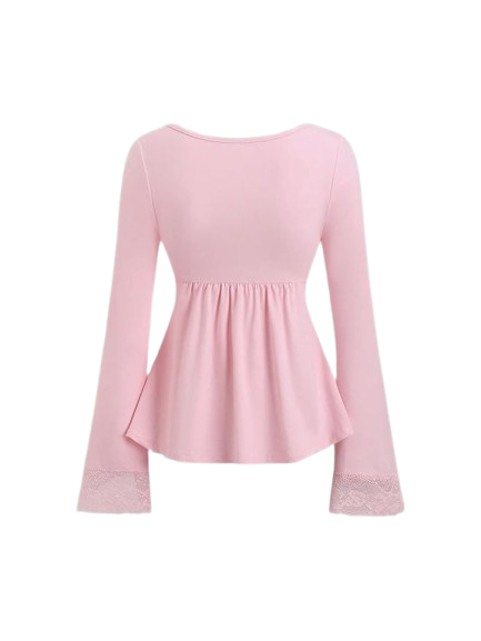 Wardrobea Women's Pink Long Sleeve Lace Trim Ruched Front Peplum Top