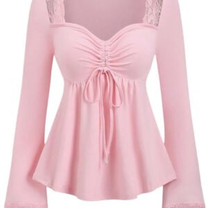Wardrobea Women's Pink Long Sleeve Lace Trim Ruched Front Peplum Top - Image 1