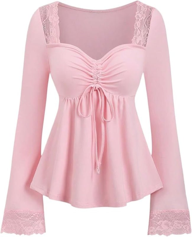 Wardrobea Women's Pink Long Sleeve Lace Trim Ruched Front Peplum Top